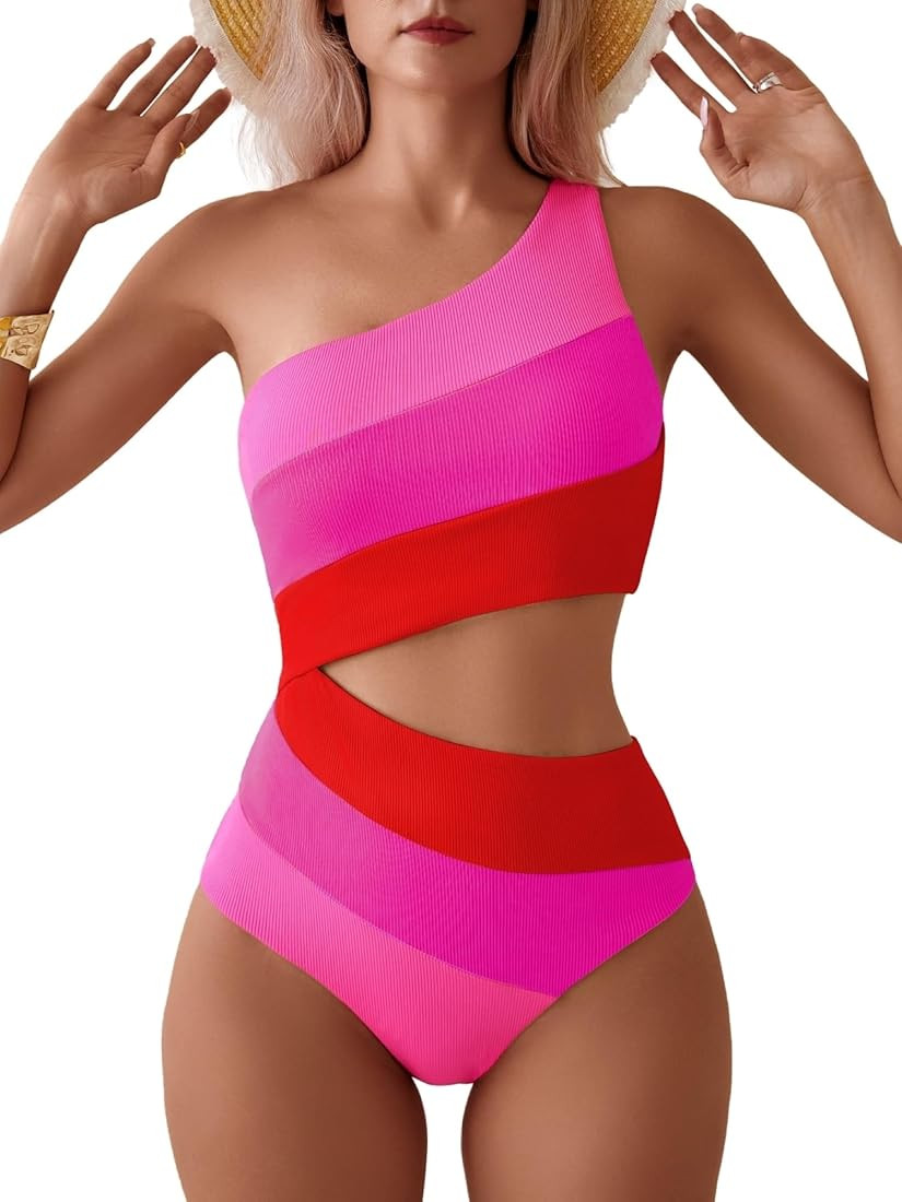 TASHEHE Women's One Shoulder One Piece Swimsuit Sexy Color Block Patchwork Bathing Suit Modest Fu... | Amazon (US)