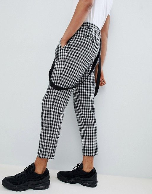 ASOS DESIGN tapered smart trousers in monochrome check with braces | ASOS UK