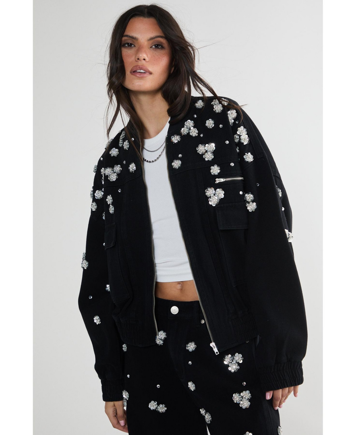 Nasty Gal Embellished Flower Applique Jacket - Washed black | Macy's