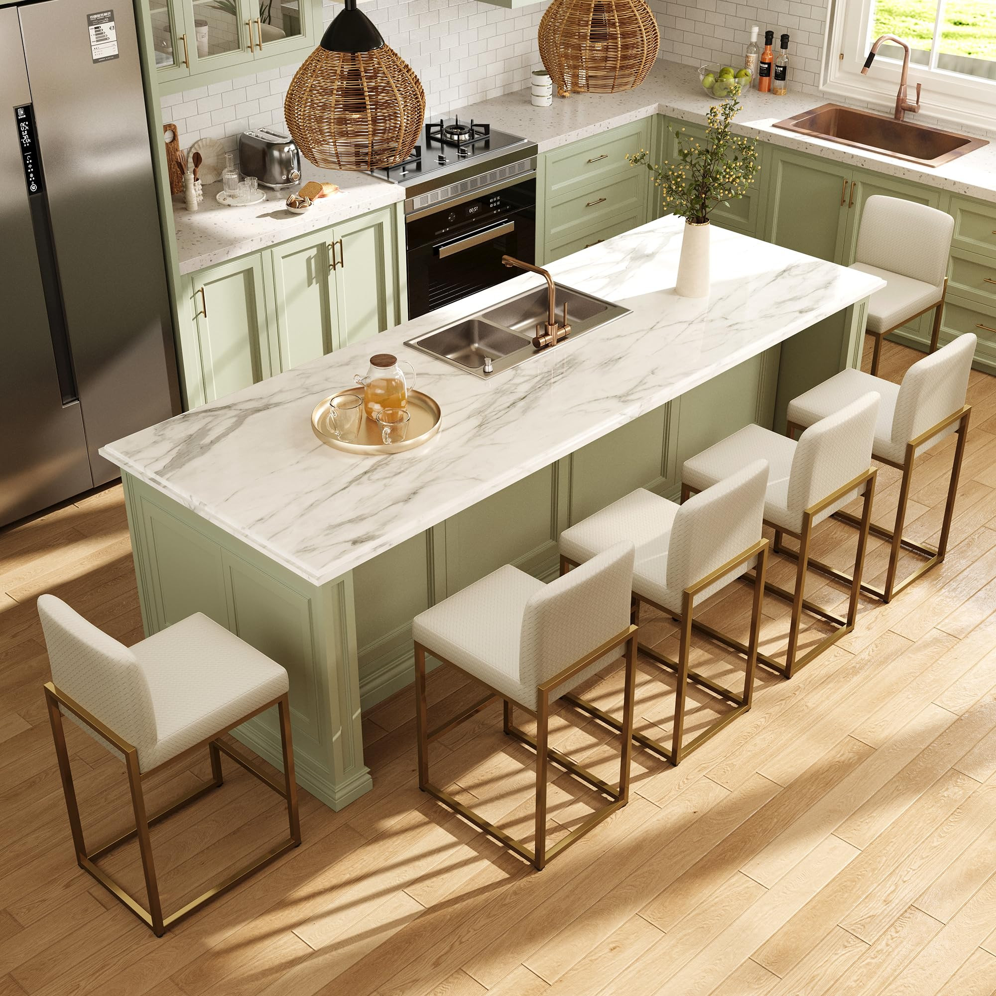 MAISON ARTS Off White & Gold Bar Stools Set of 6, Counter Height 24 Inch Barstools with Back, Mod... | Amazon (US)