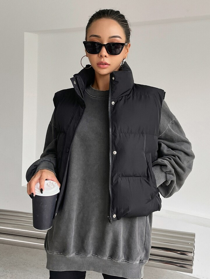 DAZY Zip Up Snap Button Puffer Vest Pockets Coat | SHEIN