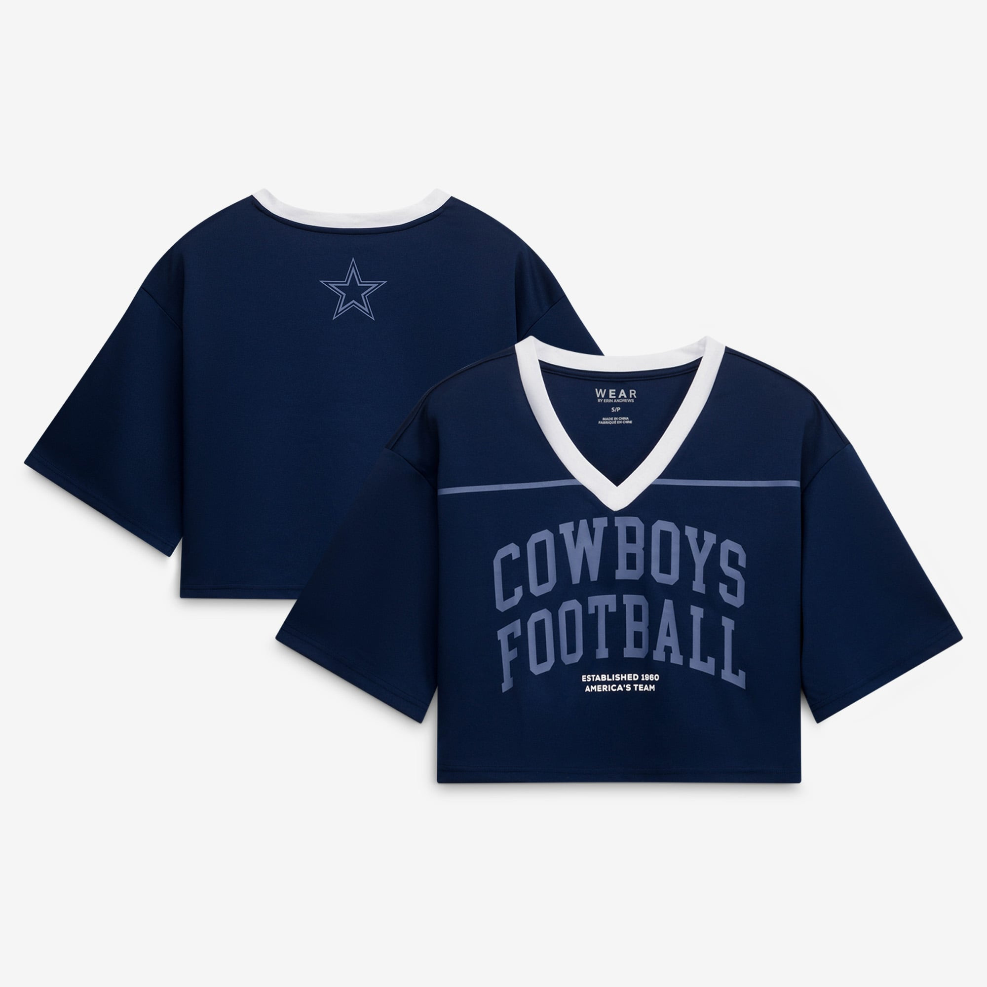 Dallas Cowboys WEAR by Erin Andrews Women's Cropped V-Neck Jersey T-Shirt - Navy | Fanatics