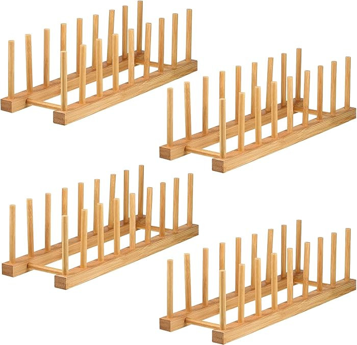 Lawei 4 Pack Bamboo Dish Drying Rack, Plate Rack Stand Pot Lid Holder, Dish Organizer Racks for P... | Amazon (US)