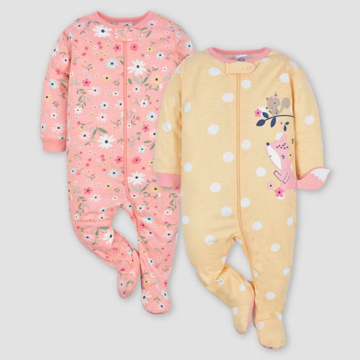 Gerber Baby 2pk Zip-Front Floral Sleep N' Play - Yellow/Orange | Target