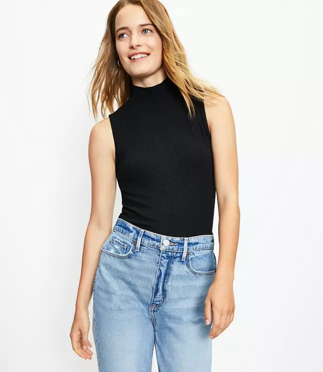 Ribbed Ruffle Mock Neck Shell | LOFT