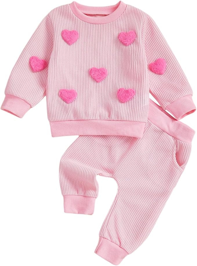 Toddler Baby Girl Valentines Day Outfit Fuzzy Love Heart Waffle Long Sleeve Sweatshirt Pants Set ... | Amazon (US)
