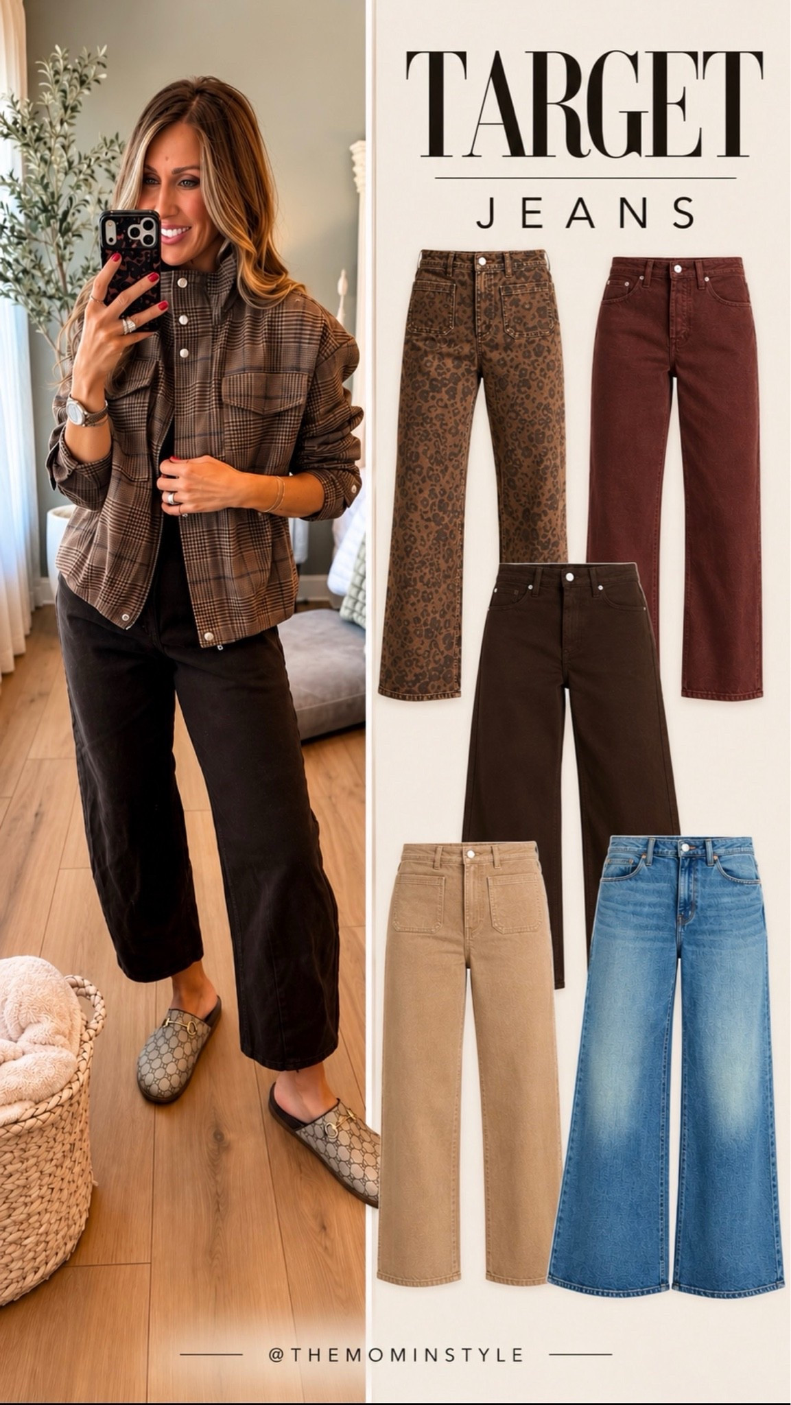 Target denim is so good right now. I love the mix of leopard print, chocolate brown, tan, black, and classic blue washes for building easy fall outfits with sweaters, jackets, and simple tops.

Target jeans, Target denim, fall jeans, leopard print jeans, brown jeans, wide leg jeans, casual fall outfit, women over 40 style, fall fashion, themominstyle