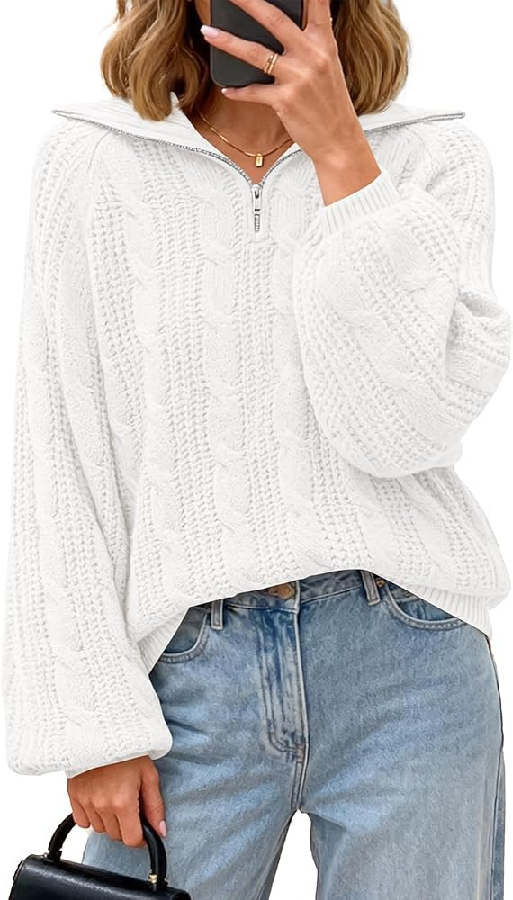 BTFBM Sweaters for Women Fall Fashion 2025 Loose Quarter Zip Pullover Collared Long Sleeve Cable ... | Amazon (US)