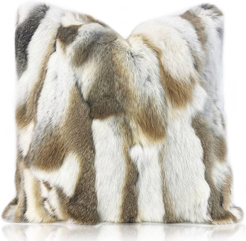 Natural Handcrafted Rabbit Fur Throw Pillow Covers Soft Plush Real Fur Pillow Case Luxury Animal Skin Cushion Cover Farmhouse Decorative Pillowcase Home Living Room 18 x 18 | Amazon (US)