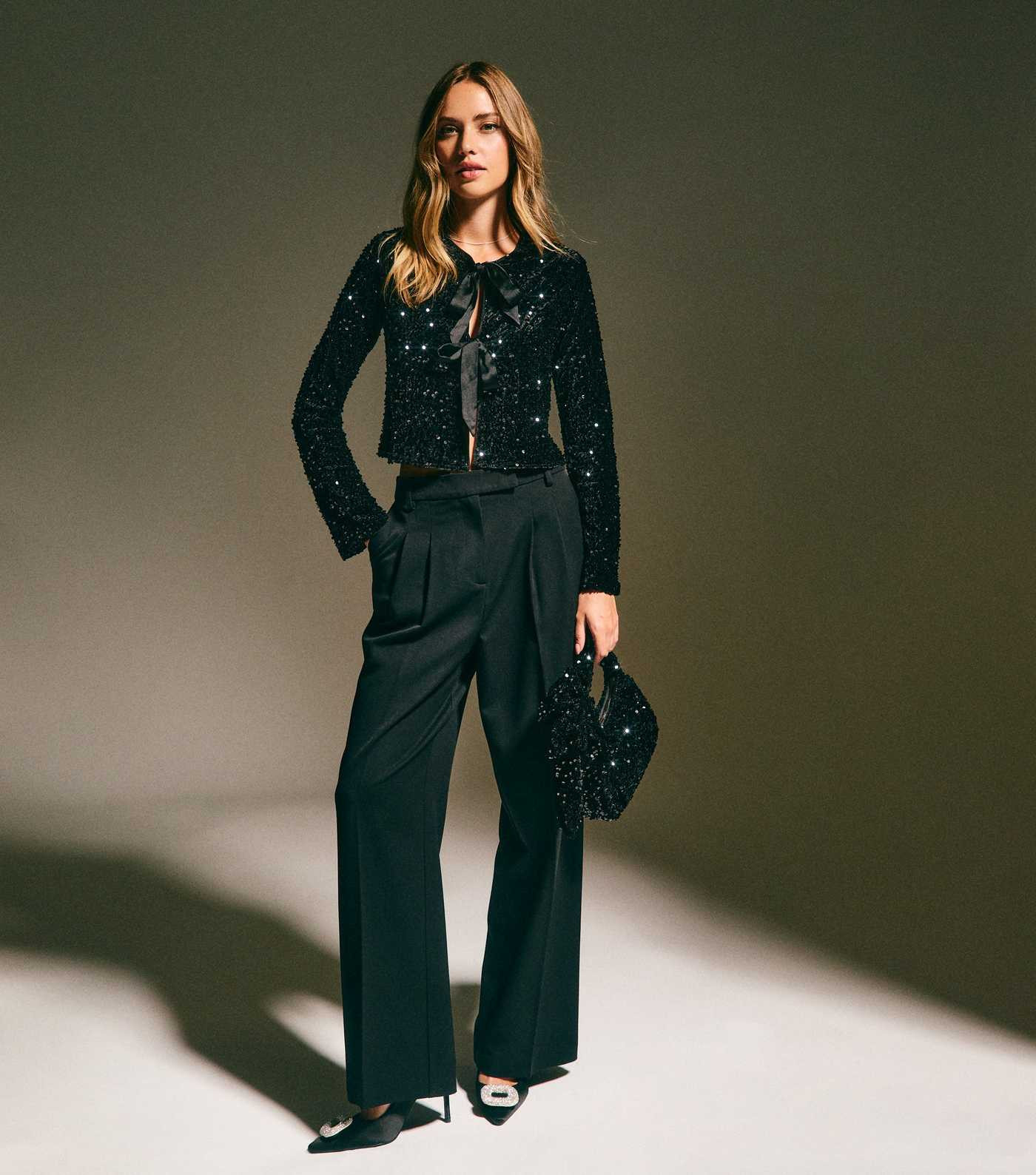 Black Velvet Sequin Embellished Tie Front Cardigan | New Look | New Look (UK)