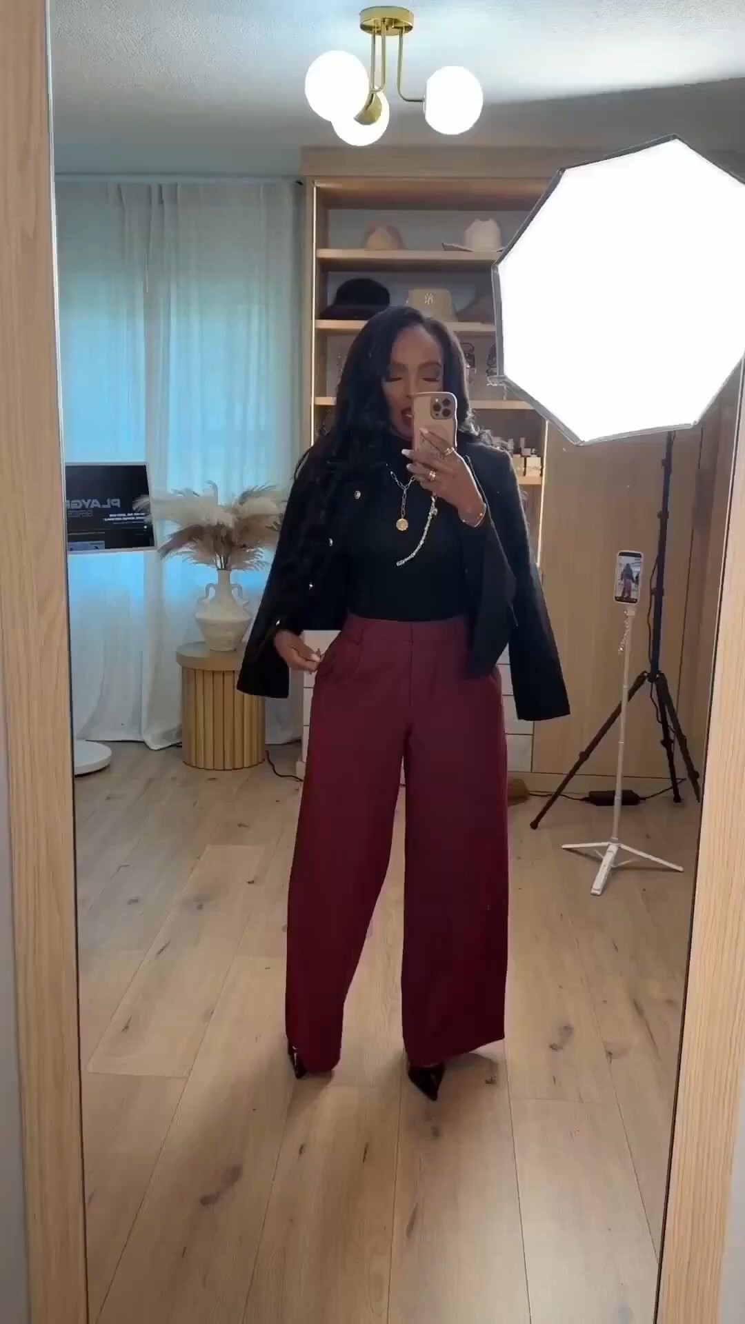 ✨ Polished with a Modern Edge

This elevated neutral-meets-burgundy look strikes the perfect balance between powerful and wearable. A sleek fitted top paired with tailored wide-leg trousers creates a clean, elongating silhouette, while the structured blazer draped over the shoulders adds effortless polish. These are the kind of versatile pieces you can restyle endlessly, making the cost per wear drop fast over time.

Perfect for:
• Workdays
• Meetings
• Dinner plans
• Holiday gatherings
• Elevated everyday wear

📏 Sizing:
Top: Small
Bottoms: 4 Long
Blazer: Small

Measurements:
5’4” · 138 lbs · 34D · 27” waist · 40” hips

Tap to get details.

Burgundy trouser outfit inspiration, tailored wide-leg pants styling, polished workwear looks, chic neutral outfits, elevated everyday style with modern staples.

Follow me on Instagram and YouTube @kirasfashionfinds 



#LTKPetite #LTKootd