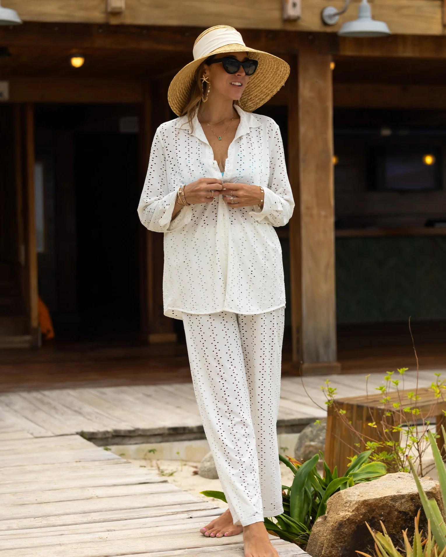 Womens Luxe Eyelet White Long Sleeve Resort Shirt - The Santorini | Kenny Flowers