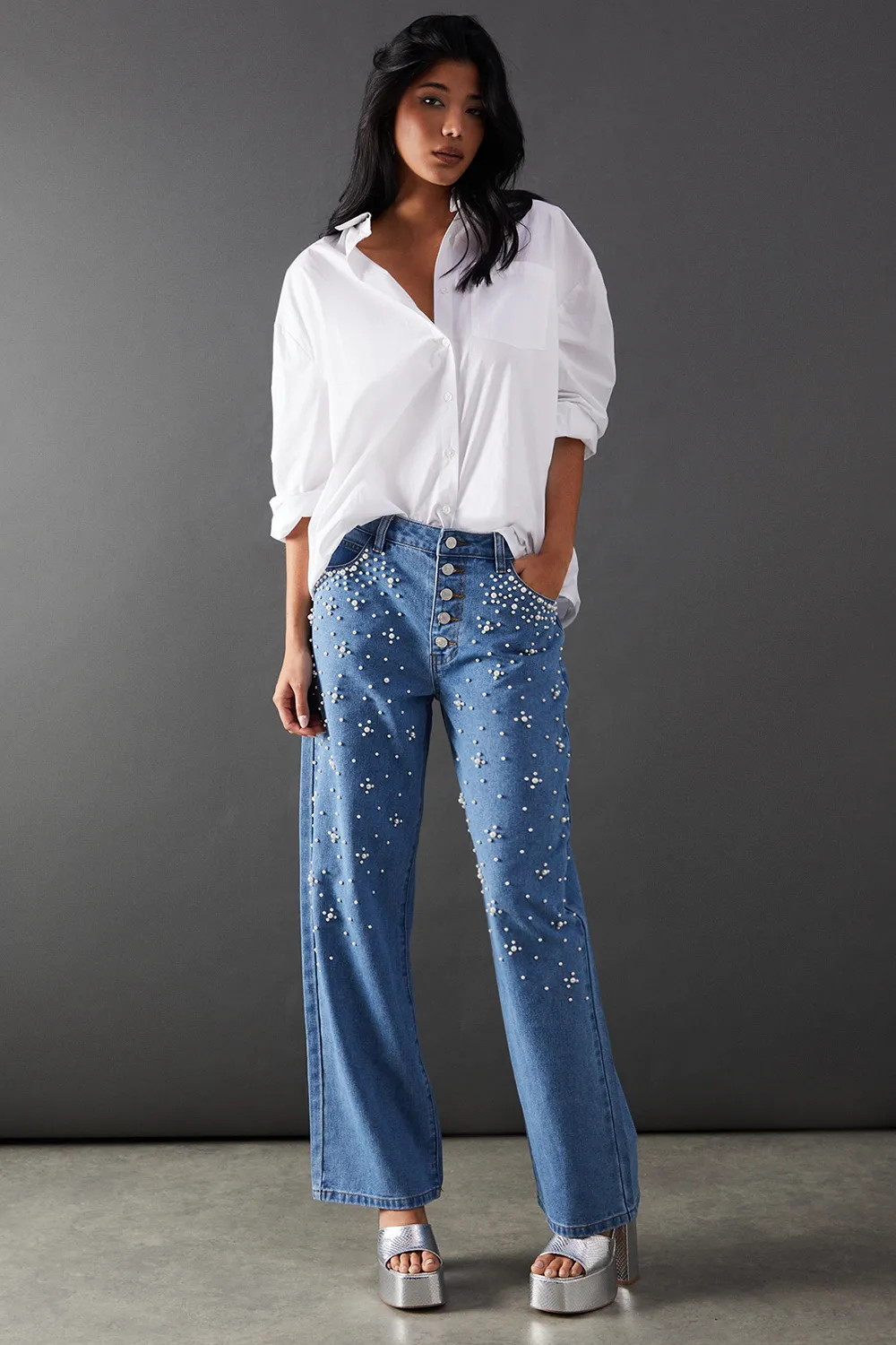 Jeans | Premium Pearl Embellished Denim Dad Jean | Warehouse | Debenhams UK