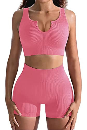 niyokki 2 Piece Seamless Yoga Gym Outfits for Women, Ribbed Two Pieces Workout Sets (Peach Pink, L) | Amazon (US)
