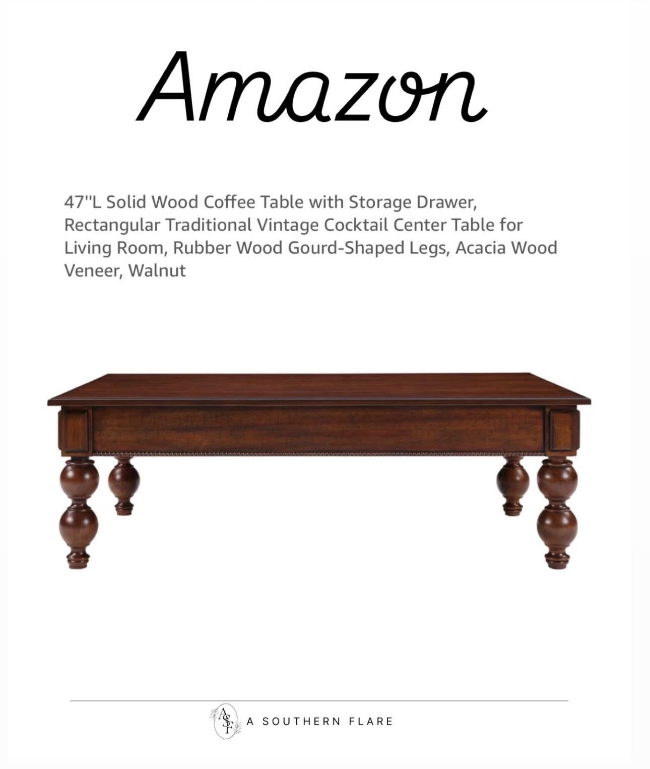 47''L Solid Wood Coffee Table with Storage Drawer, Rectangular Traditional Vintage Cocktail Center Table for Living Room, Rubber Wood Gourd-Shaped Legs, Acacia Wood Veneer, Walnut

#LTKHome