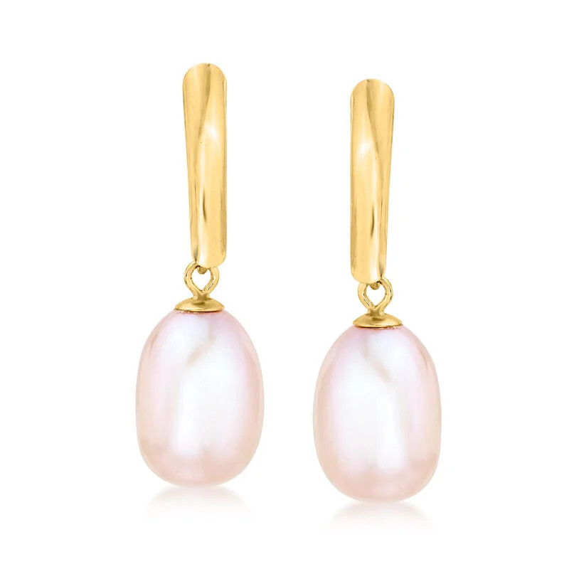 8.5-9mm Pink Cultured Pearl Drop Earrings in 14kt Yellow Gold | Ross-Simons