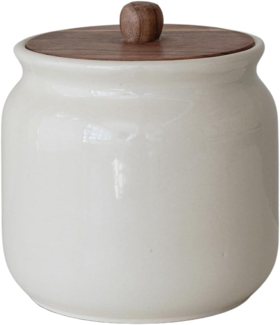 Creative Co-Op Stoneware Canister with Acacia Wood Lid, Ivory Color and Natural | Amazon (US)