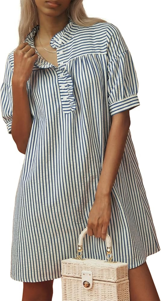 BLENCOT Womens Button Down Shirt Dresses Casual Striped Cotton Stand Collar Ruffle Puff Sleeve Su... | Amazon (US)
