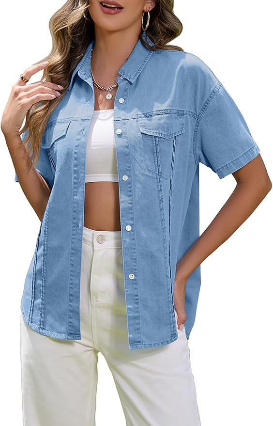 Women's Denim Shirt Casual Short Sleeve Button Down Chambray Blouse Summer Jean Shirt Tops | Amazon (US)