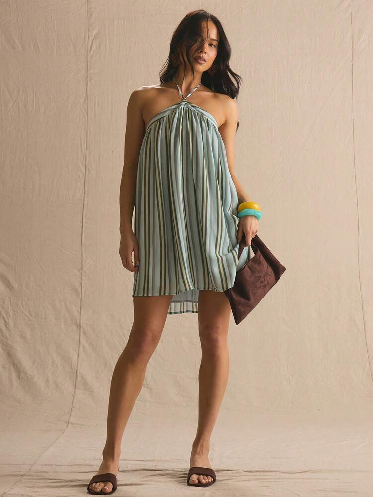 MUSERA Stripe Halterneck Flowy Mini Summer Dress Spring Summer Cosy Cute Daily Girly Vacation Sunlight Social | SHEIN