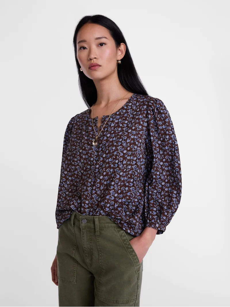 Scenario Women's and Women's Plus Blouse with 3/4-Length Puff Sleeves, Sizes XS-4X | Walmart (US)