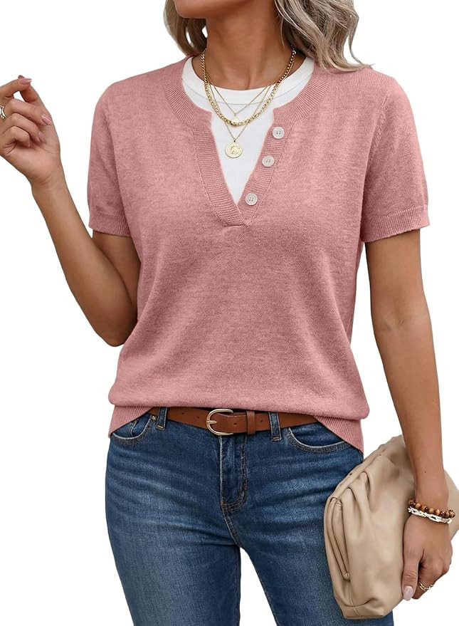 SHEWIN Womens Sweaters Short Sleeve Color Block Tops Lightweight Summer Spring Shirts Business Ca... | Amazon (US)
