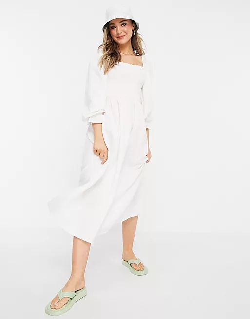 New Look shirred midi dress in off white | ASOS (Global)