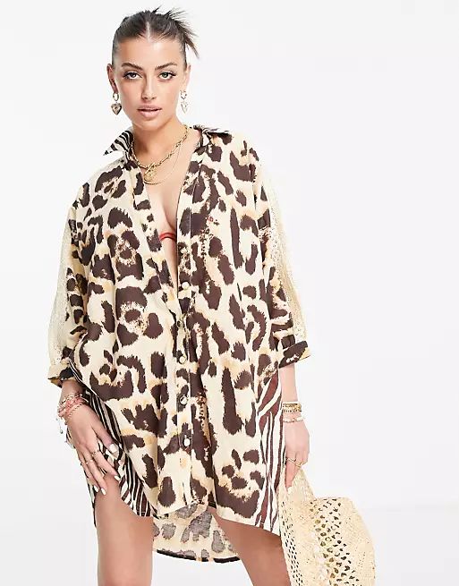 River Island animal print oversized beach shirt dress in brown | ASOS (Global)