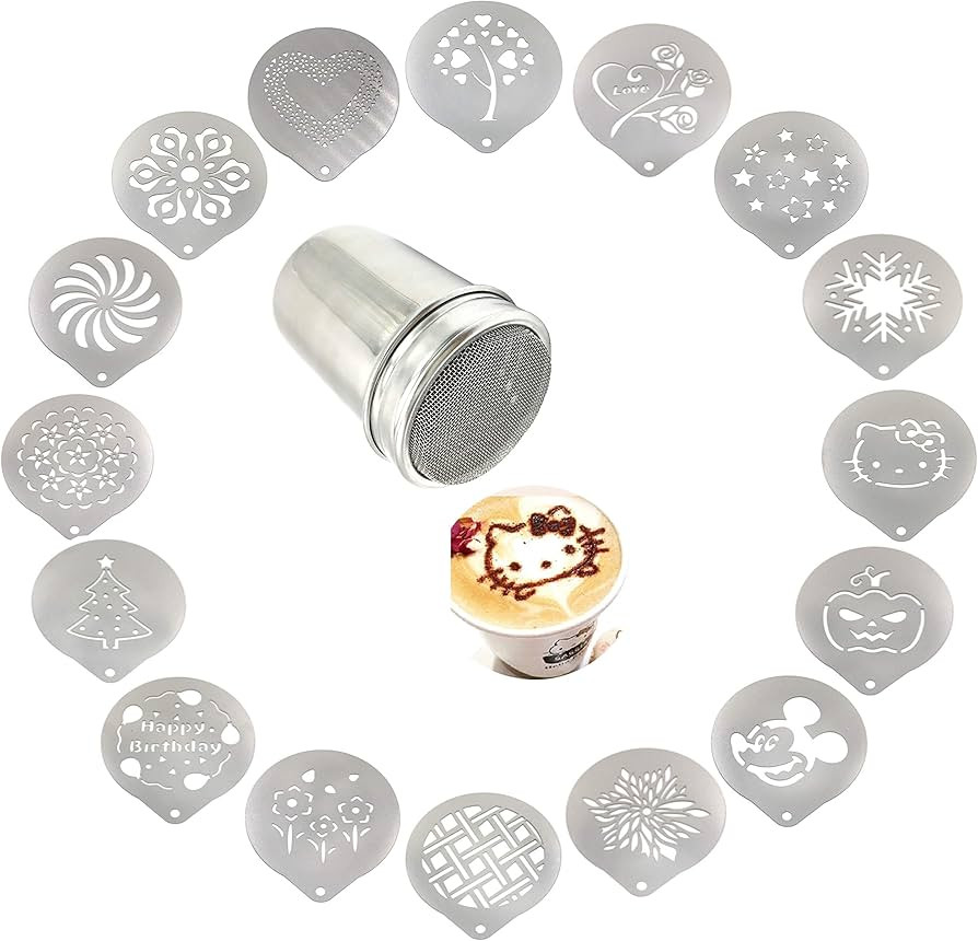 Lofekea Stainless Steel Powder Shakers Coffee Cocoa Cinnamon Shaker Cans Mesh Duster with 16PCS S... | Amazon (US)