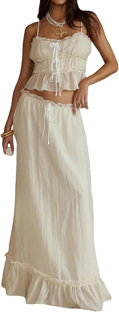 Women Y2k 2 Piece Tie Front Cami Tops Flowy Maxi Skirts Set | Amazon (US)
