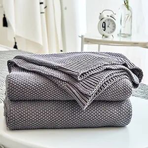 Longhui bedding Dark Grey 100% Cotton Lightweight Cable Knit Throw Blanket for Couch Sofa Bed Hom... | Amazon (US)
