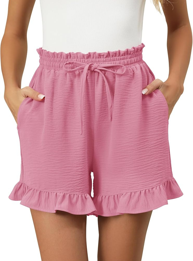 IECCP Women's Shorts 2026 Summer Casual Cute Ruffle Shorts Comfy Elastic Waist Drawstring Pleated... | Amazon (US)