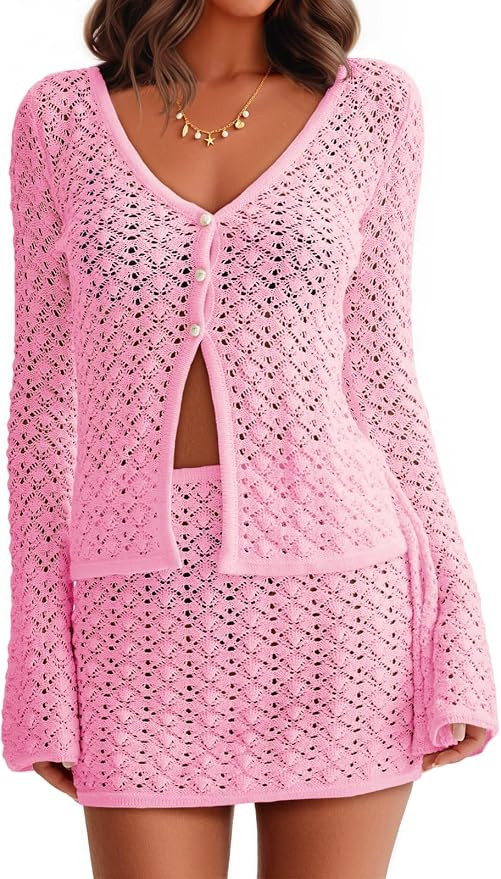 Fisoew Womens Crochet 2 Piece Cover Up V Neck Bell Sleeve Button Cardigan Sheer Mesh Beach Mini S... | Amazon (US)
