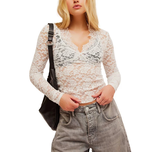 Women's Free People All Day Lace Long Sleeve Shirt Medium Ivory | Scheels