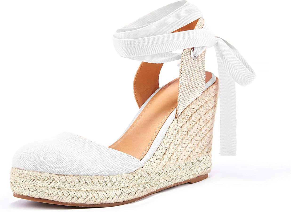 Women's Espadrille Wedge Sandals Closed Toe Lace Up Platform Ankle Wrap Summer Casual Shoes | Amazon (US)