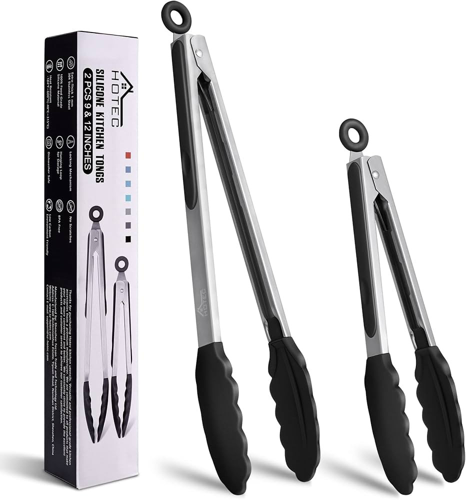 HOTEC Premium Stainless Steel Locking Kitchen Tongs with Silicon Tips, Set of 2-9" and 12" | Amazon (US)