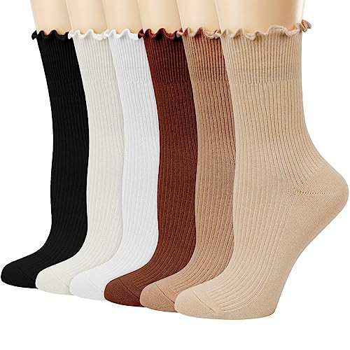 Mcool Mary Crew Socks Ruffle Turn-Cuff Dress Socks Casual Cotton Knit Warm Comfy Lettuce High Ankle Socks For Women 6 Pack | Amazon (US)
