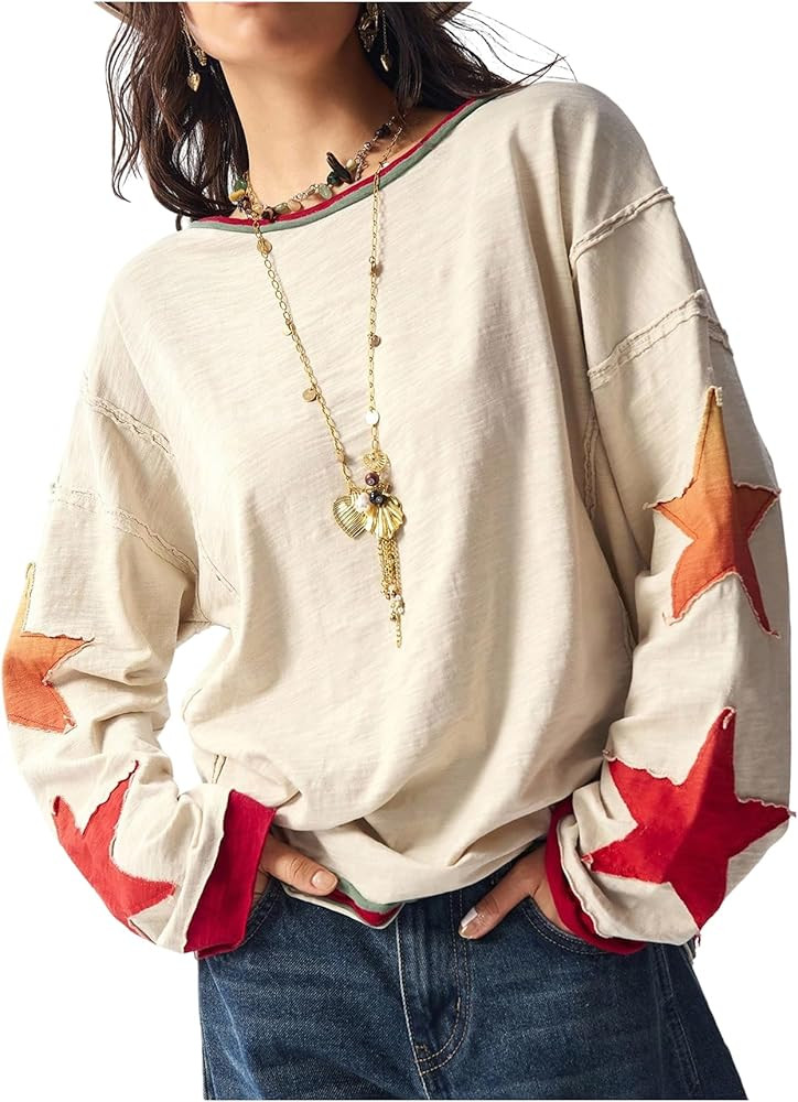 Women's Oversized Sweatshirt Boho Tops Patchwork Crewneck Sweatshirt Floral Long Sleeve Pullover ... | Amazon (US)
