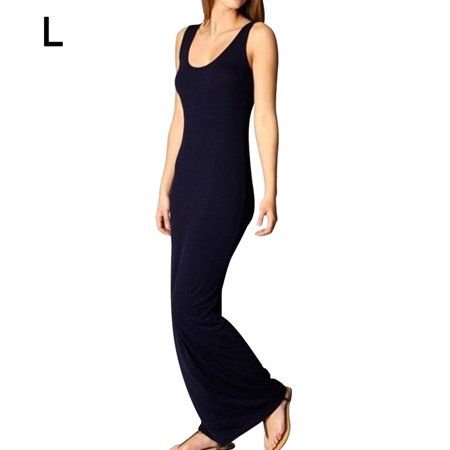 Women Dress Solid Color Long Vest Slim Maxi Dress Sleeveless Navy Blue L | Walmart (US)