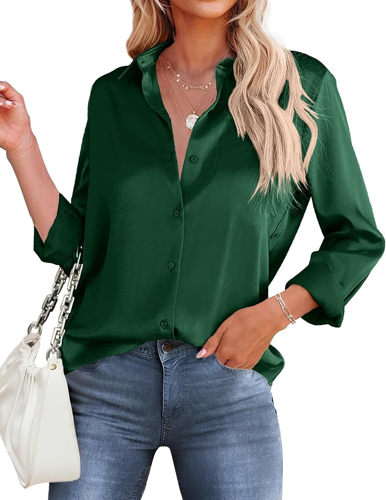 Hotouch Women's Satin Silk Shirts Button Down V Neck Dressy Casual Blouse Loose Long Sleeve Offic... | Amazon (CA)