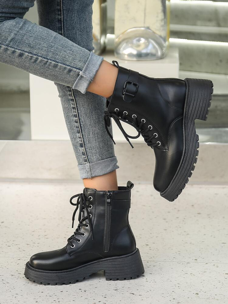 Buckle Decor Side Zip Lace-up Front Combat Boots | SHEIN