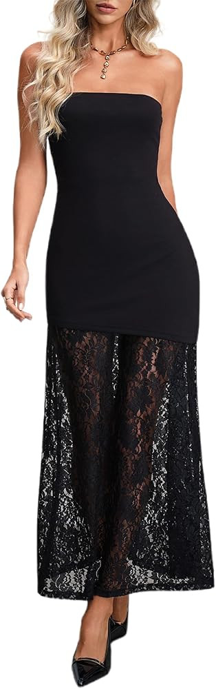 HYPERFIRE Wedding Guest Dresses for Women Summer Strapless Backless Tube Top Maxi Dress with Lace | Amazon (US)