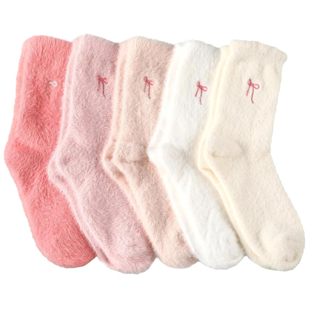 Geyoga 5 Pairs Women's Bow Fuzzy Socks Winter Soft Slipper Socks Coquette Stuff Fluffy Thick Spa ... | Amazon (US)