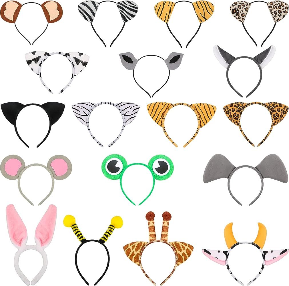 Trounistro 18 Pack Animal Ears Headbands Jungle Safari Animal Hair Hoop Bunny Tiger Mouse Cat Cow Be | Amazon (US)
