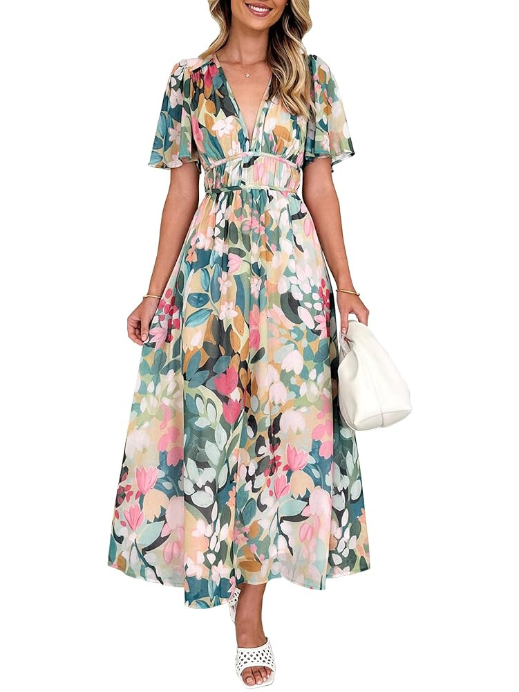Womens V Neck Flutter Sleeve Boho Midi Dress Summer Wedding Guest Beach Party Long Dresses | Amazon (US)