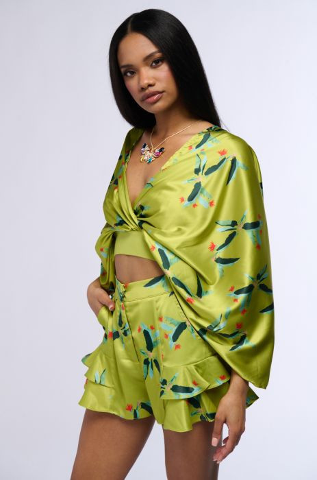 WE MEET AGAIN SATIN BLOUSE IN GREEN MULTI | AKIRA