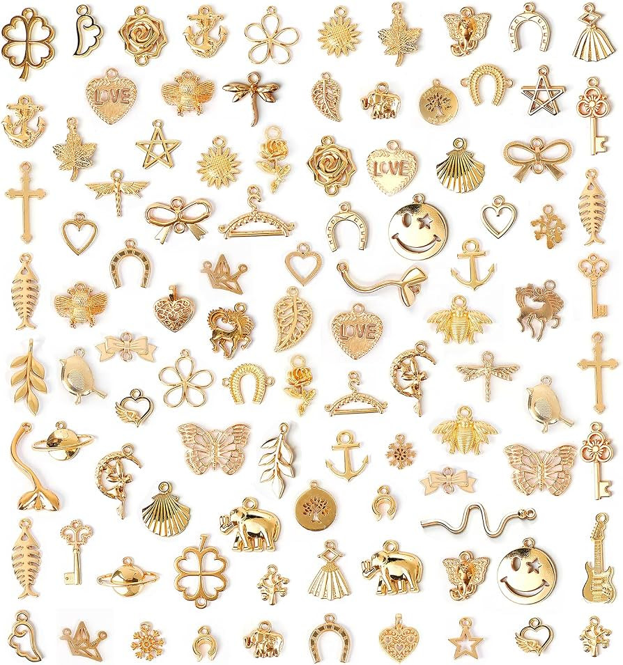 Resflyar 100 PCS Wholesale Bulk Lots Jewelry Making Charms, Mixed KC Gold Charms Pendants for Wed... | Amazon (US)