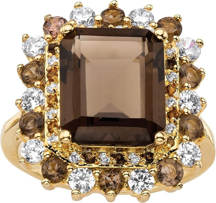 14K Yellow Gold Plated Emerald Cut Genuine Smoky Topaz and Cubic Zirconia Ring | Amazon (US)