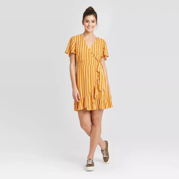 Women's Striped Short Sleeve V-Neck Wrap Mini Dress - Xhilaration™ Mustard | Target