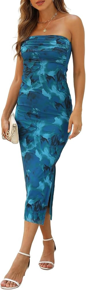Amilia Womens Sexy Tie Dye Ruched Mesh Tube Dress Split Bodycon Cocktail Party Midi Sheath Dresse... | Amazon (CA)